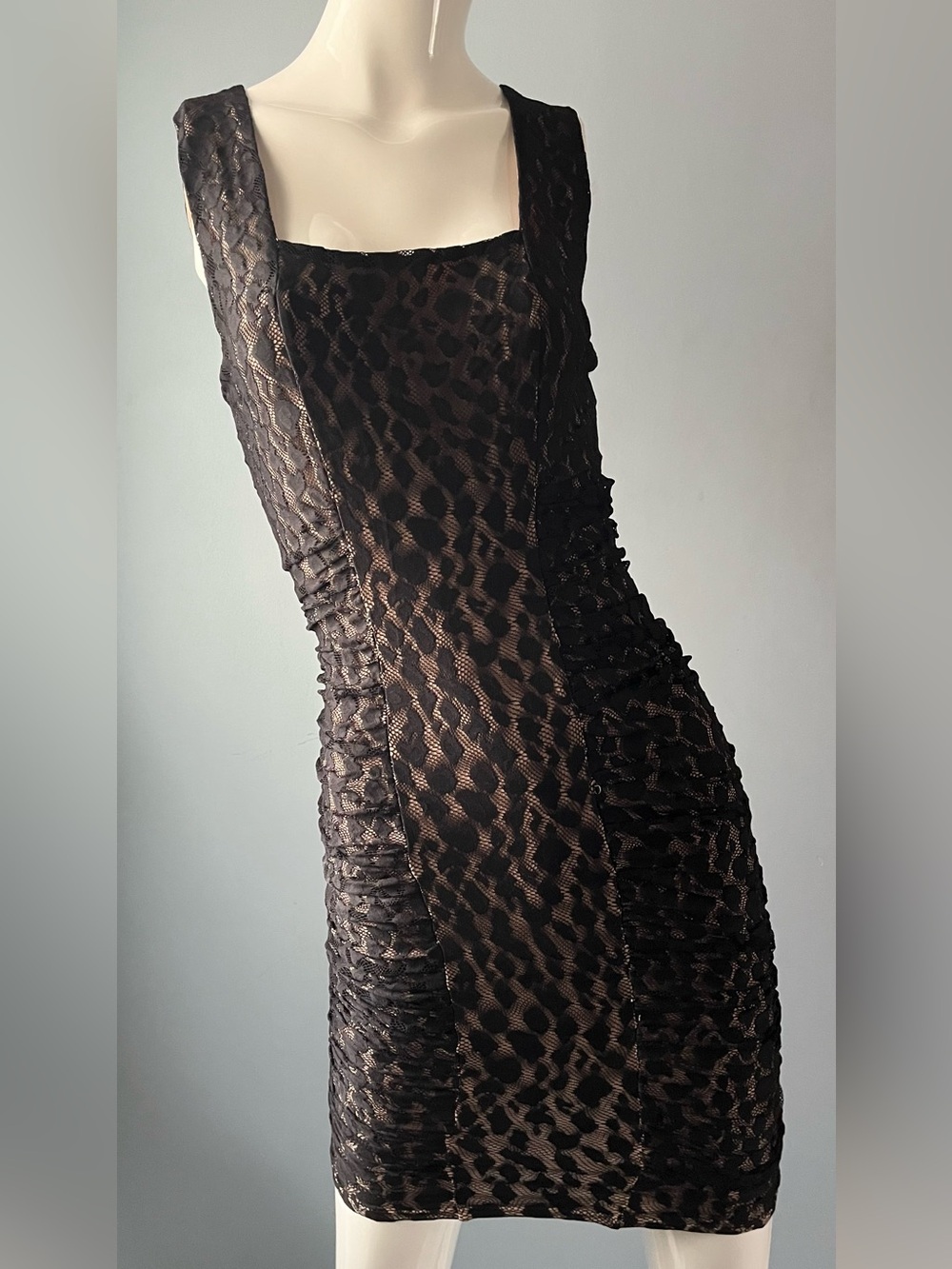 BCBGMaxAzria Black Lace Overlay Nude Ruched Bodycon Mini Dress Size XS